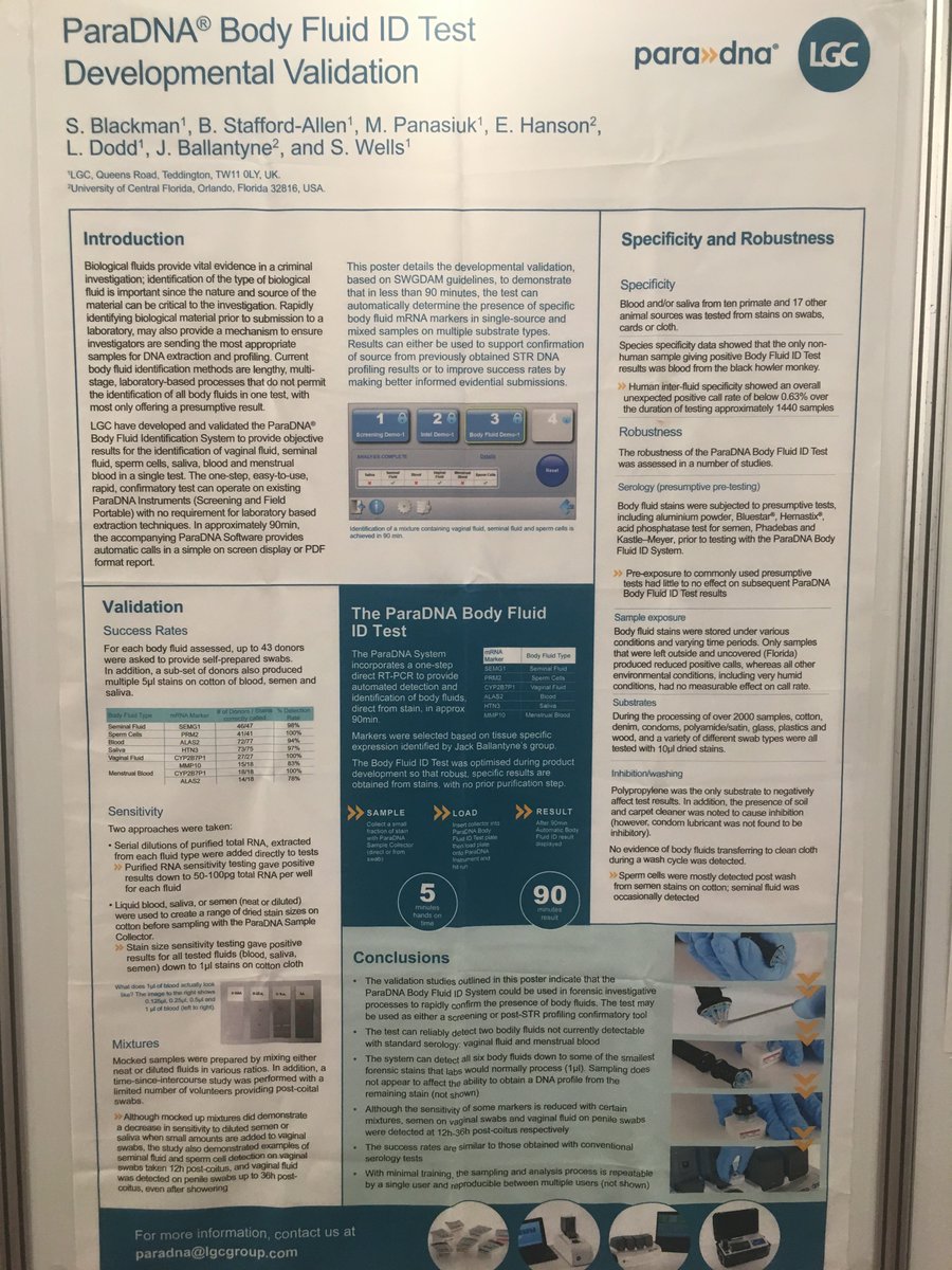 LGC_ParaDNA's tweet photo. Our poster on the #validation of the #ParaDNA #BodyFluidID Test is now on show in the Grand Ballroom 101+102 at #ISFG in section P05-302 https://t.co/A0W5SmD6Xt