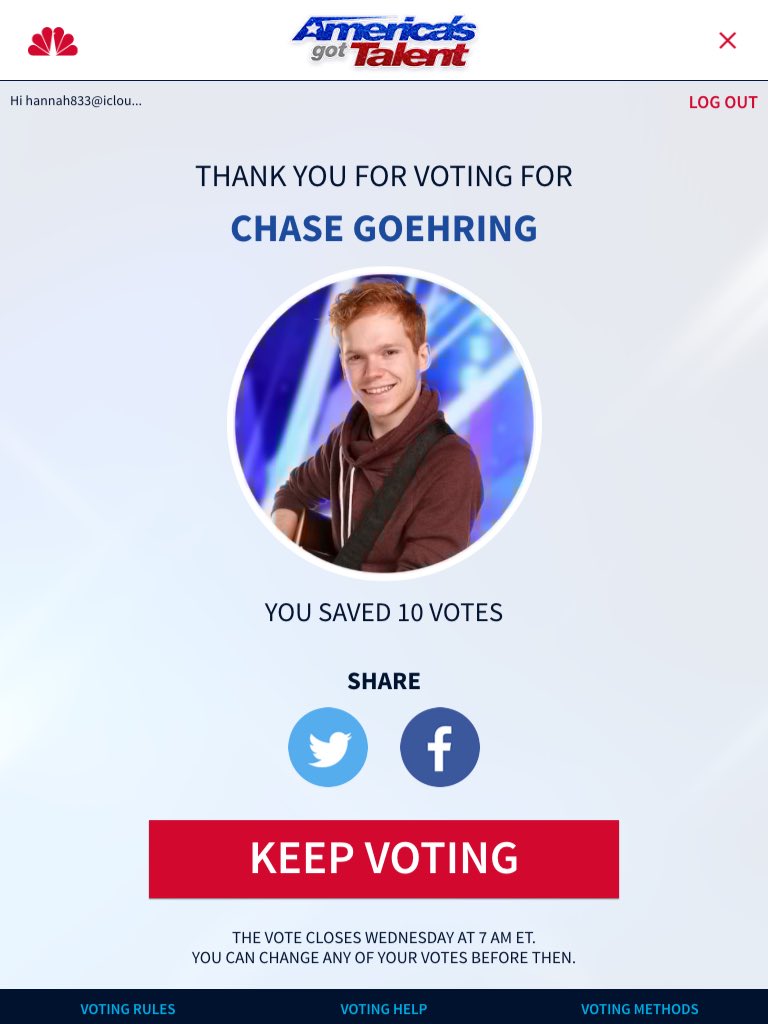 HannahN514's tweet photo. HE HASNT PREFORMED YET BUT YOU CAN ALREADY VOTE ON THE AGT APP SO GO VOTE FOR CHASE!!!! #voteforchase @AGT @chasegoehring https://t.co/lJzIIZNxQF