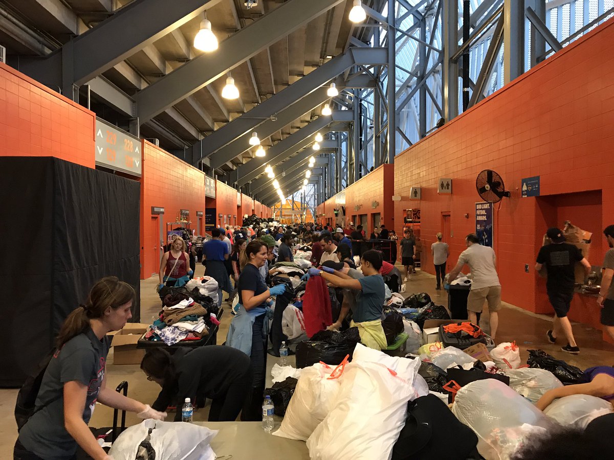 HoustonDynamo's tweet photo. Incredible show of selflessness from Houstonians tonight at @BBVACompassStdm.

Taking donations again tomorrow at 7am. #HoustonStrong https://t.co/RZMDbaPunn