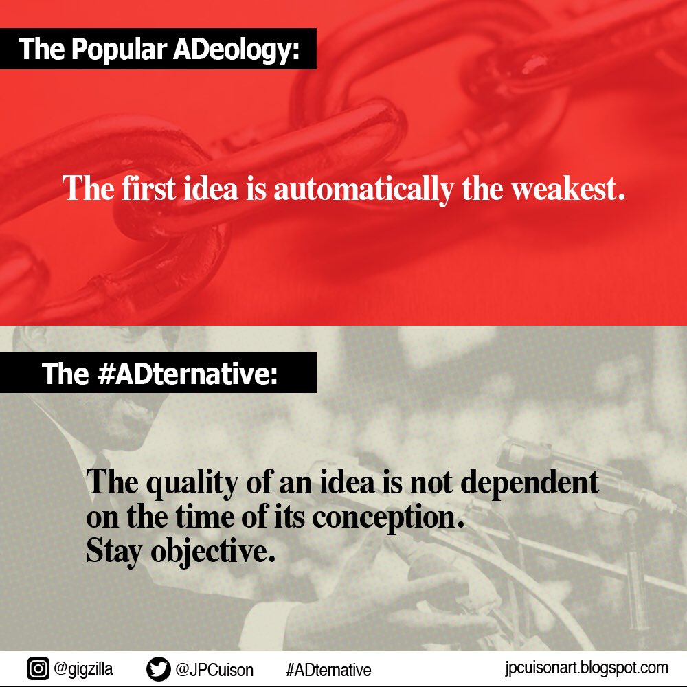 JPCuison's tweet photo. The quality of an idea is not dependent on the time of its conception. #ADternative.
.
.
#advertising #adlife #adman #creative #creativity https://t.co/TiXFkKHCsQ