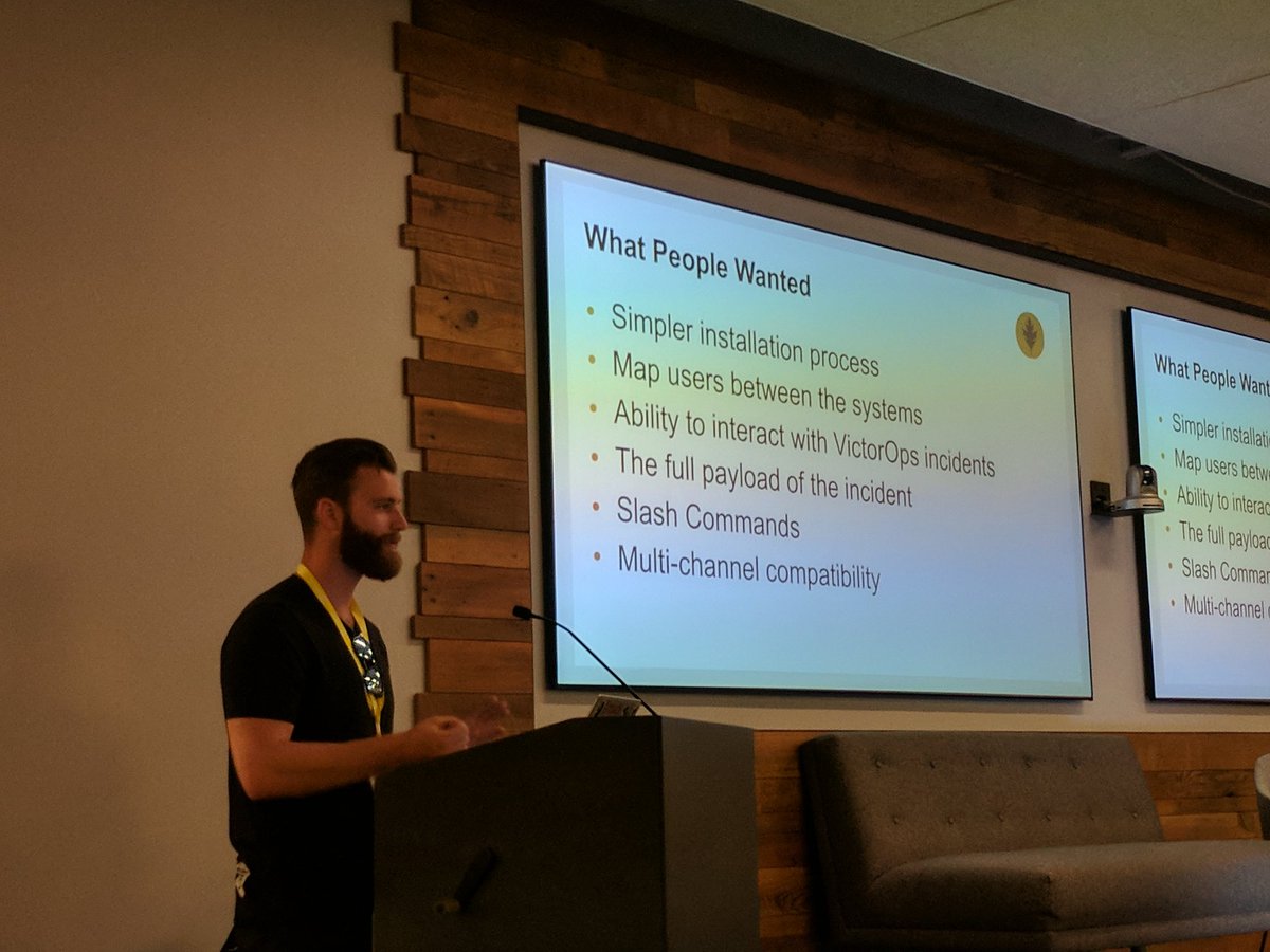 girlie_mac's tweet photo. Nate from VictorOps telling us how his team has made the internal integration to a full-fledged app. #SlackDevs https://t.co/fQwwzzJ6OK