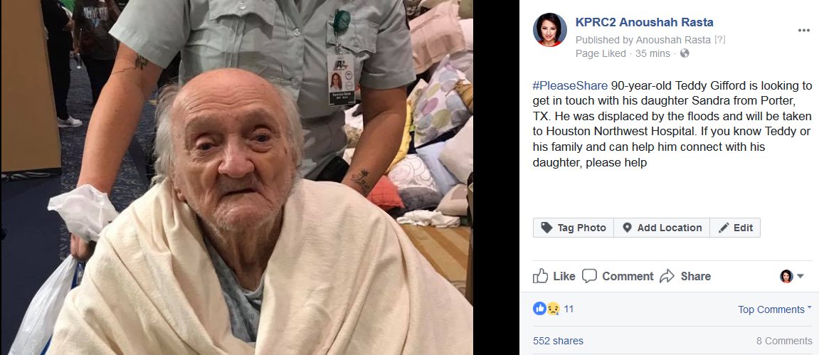 KPRC2's tweet photo. PLEASE SHARE! Teddy Gifford is looking for his daughter, Sandra, from Porter, #Texas. #Harvey #HoustonFlood @AnoushahKPRC https://t.co/S6DNSmF9uN