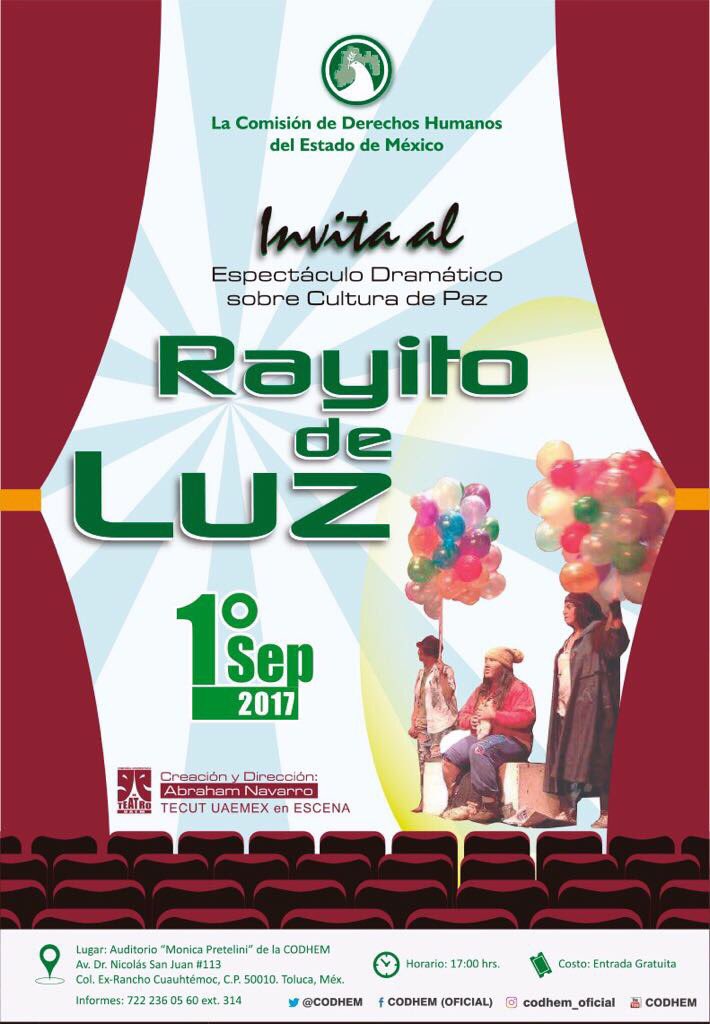 JorgeOlveraG's tweet photo. La @CODHEM invita a la obra de teatro "Rayito de luz" el próximo viernes 1 de septiembre a las 17:00 hrs en nuestro Auditorio. #EntradaLibre https://t.co/I7bkJeipAi