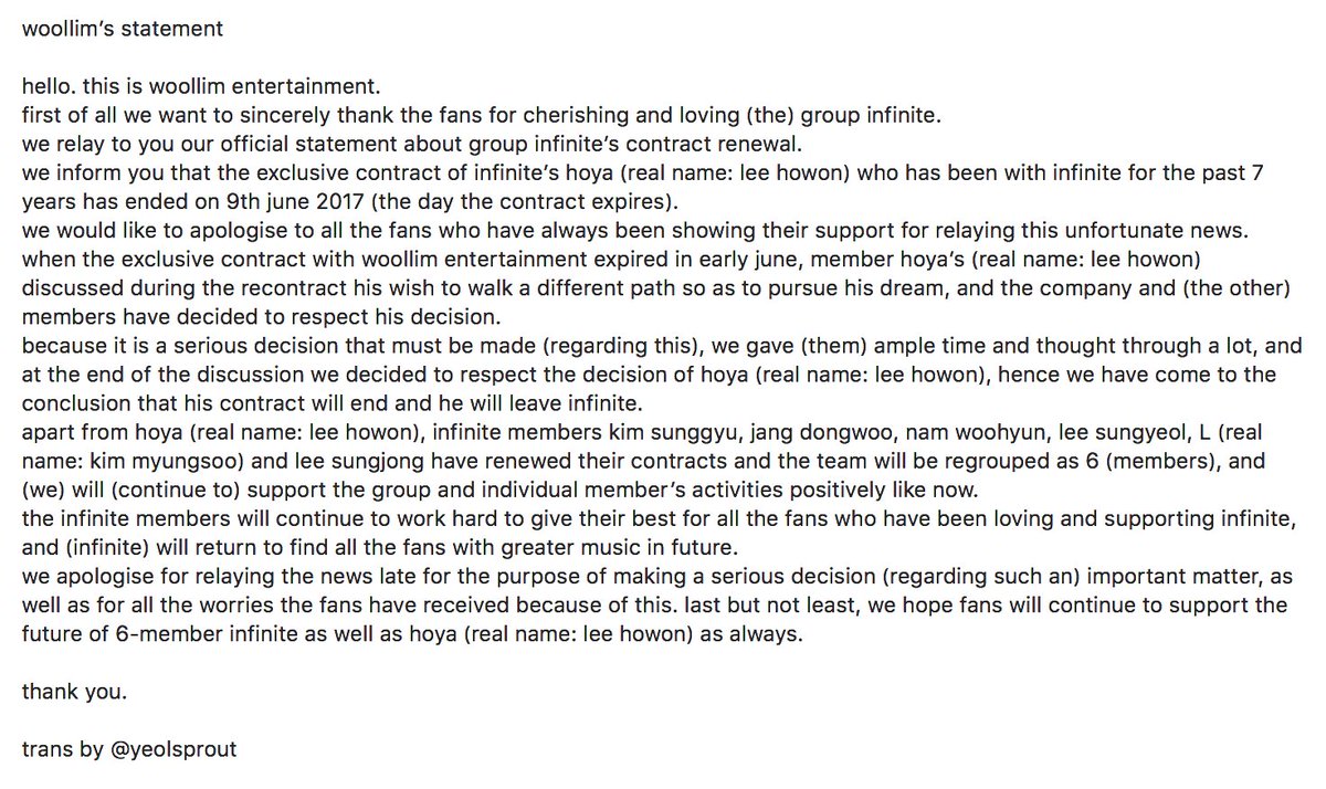 yeolsprout's tweet photo. woollim's statement https://t.co/HXsqH7mMDU