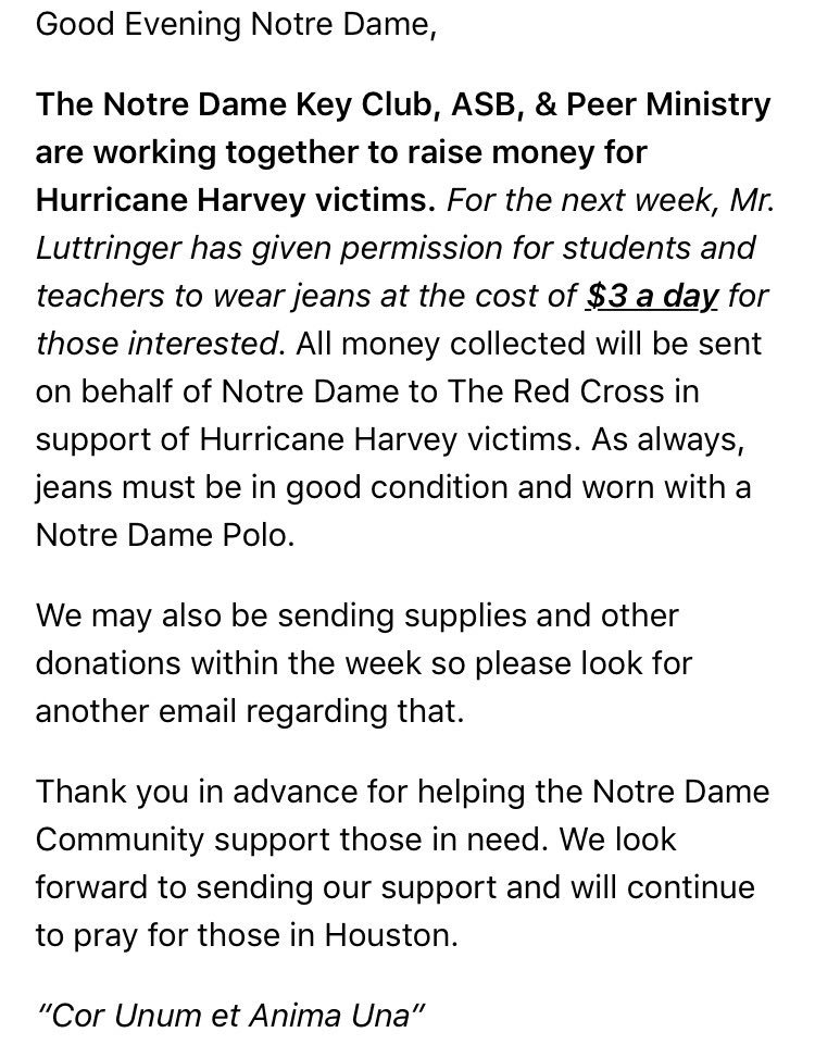ND_TitanVB's tweet photo. Titan Family: Look for ways to help our brothers and sisters suffering from the effects of the storm. #CorUnumEtAnimaUna #OneHeartOneSpirit https://t.co/ueSkxwGCRL