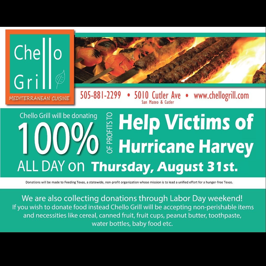 ChelloGrill's tweet photo. Visit Chello Grill this Thursday, August 31st, and support us in our effort to raise money for the victims of Hurricane Harvey. https://t.co/hORJM5Vu5R