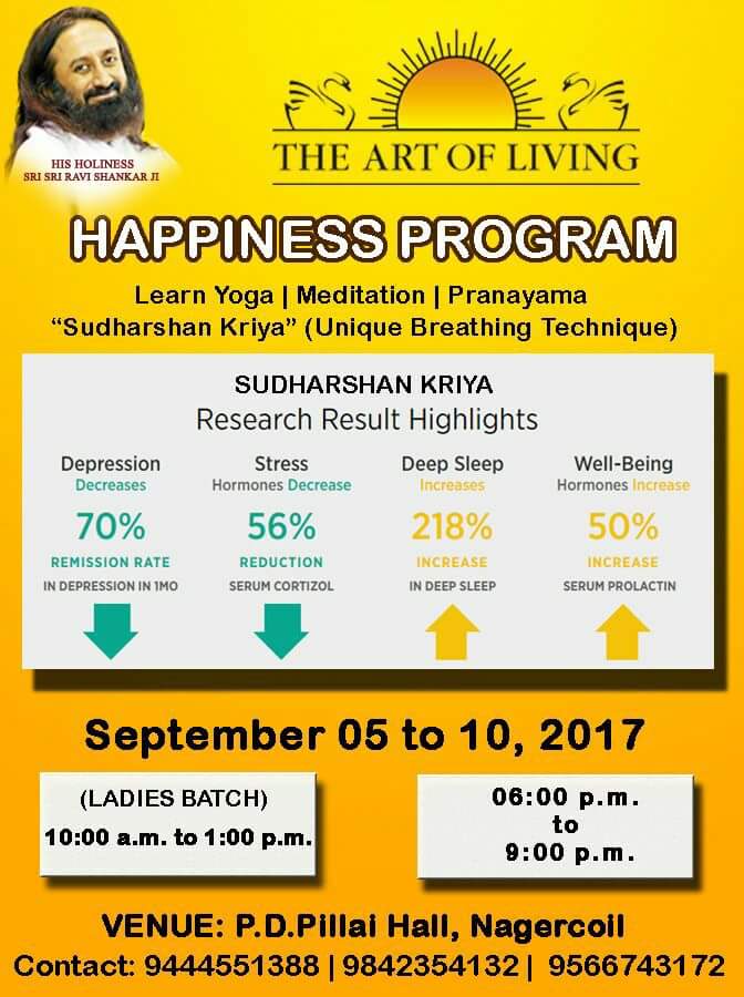 manijgd's tweet photo. @ArtofLiving Happiness Program in #Nagercoil from Sep 5 - 10 Timing
10am-1pm #LadiesBatch & 6-9pm
Call 9444551388 & Register Now https://t.co/nBFWqU8Tz9