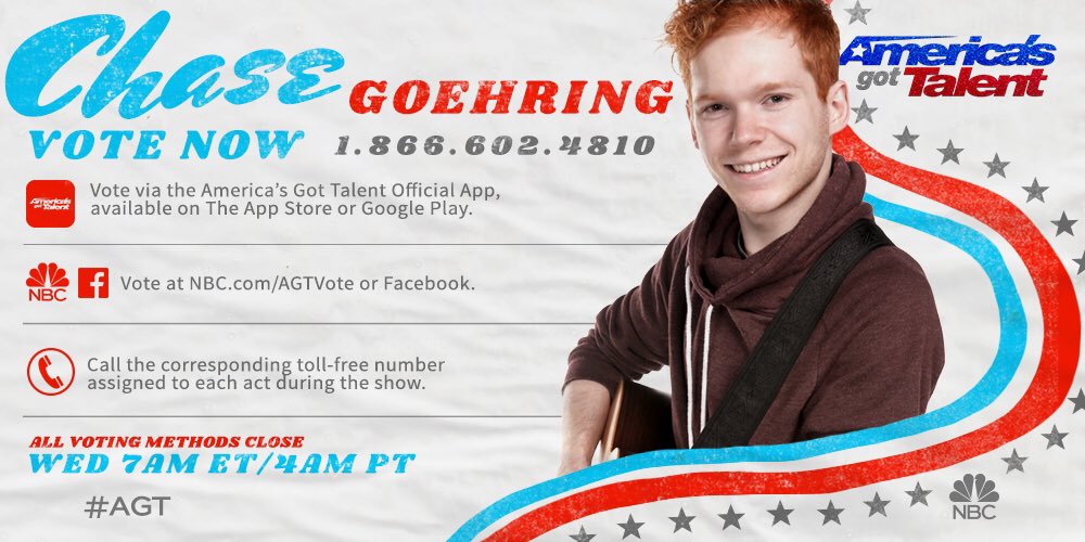 chasegoehring's tweet photo. VOTING IS OPEN!  I would LOVE to keep singing original songs on #AGT for you!!!!  Thank ͏y͏o͏u everyone SO much! 🤘🏻 https://t.co/1LJwjCX82t