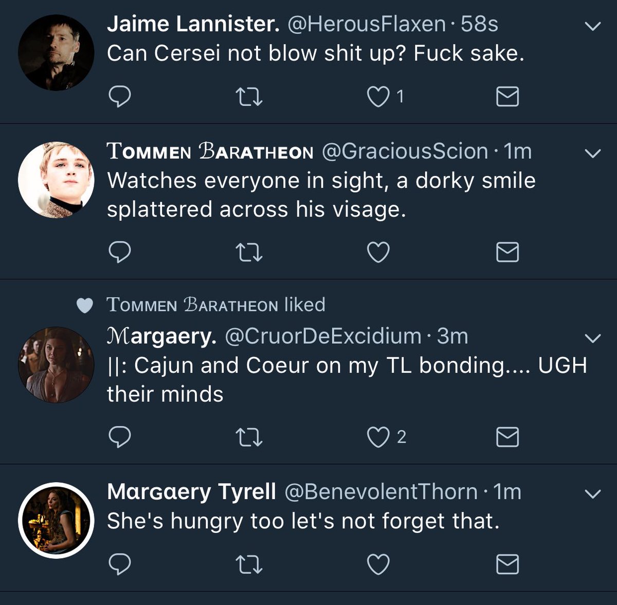 •— there are three types of people. Tommen, Jaime then you have Margaery talking about food.