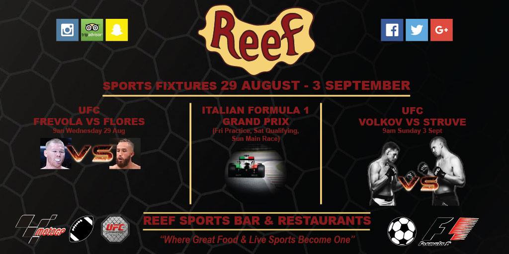 #livesports this weekend at #reefbarkohtao #wings #ribs #bangersandmash #burgers #premiership #ufc #formulaone #motogp