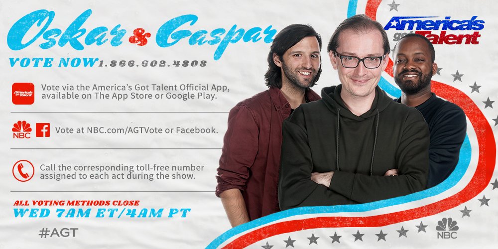 Help us make our way to the Semi Finals and vote! 
Don't forget: you can vote up to 10 times per method. #OskarAndGaspar #AGT
