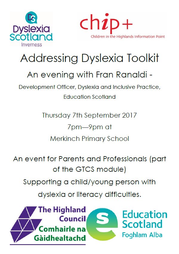 InvergordonAcad's tweet photo. Addressing Dyslexia Toolkit: Thursday 7 Sept, 7-9pm at Merkinch Primary. For Parents and Professionals supporting children with dyslexia https://t.co/5kytcLeXoN