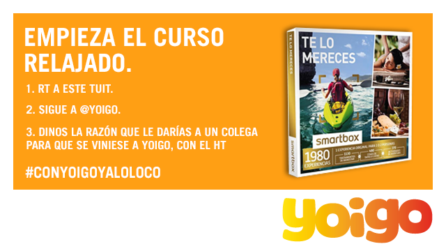 yoigo's tweet photo. 🎁SORTEO Nº1🎁

Qué mejor forma de empezar el curso que relajándote en un spa, cenando, de finde rural... ¡TÚ DECIDES CÓMO!

#ConYoigoyALoLoco https://t.co/UPb8WfrqRG