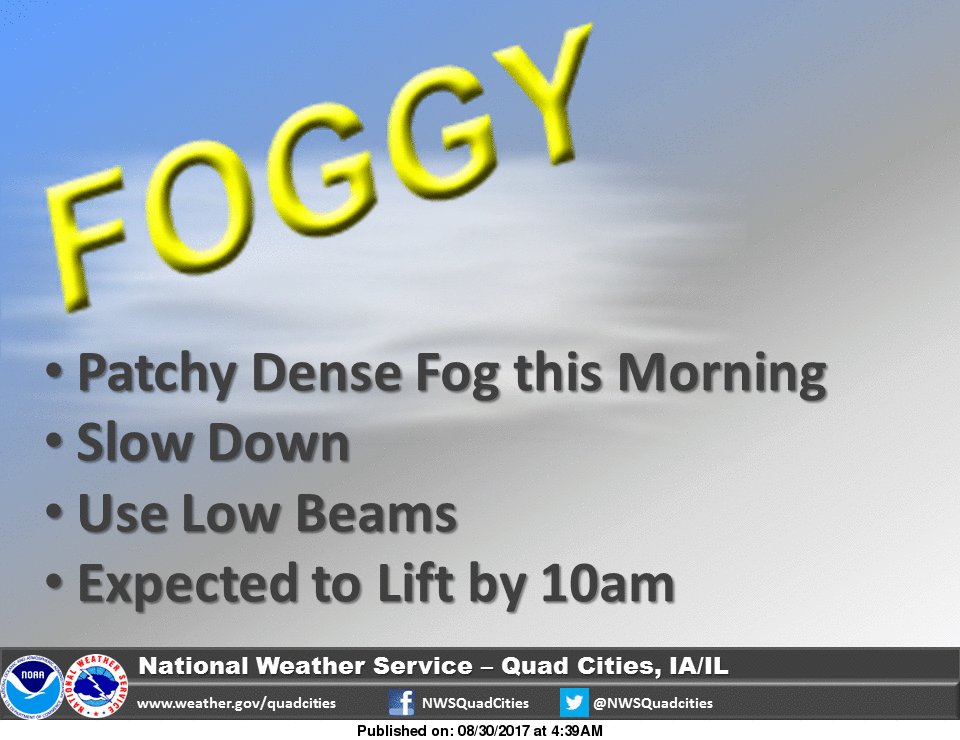 NWSQuadCities's tweet image. Foggy conditions expected this morning. Slow down and use low beam headlights. #IAWX #ILWX
