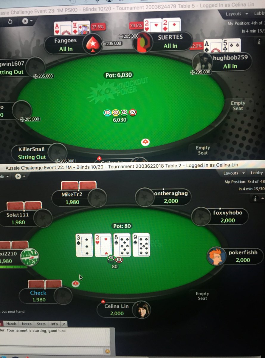 CelinaLin's tweet photo. #AussieChallenge now underway @PokerStars ! 11 days of intense multi-table action from August 24 to September 3. 
See you guys on the felt! https://t.co/Z6rGmJm1mN