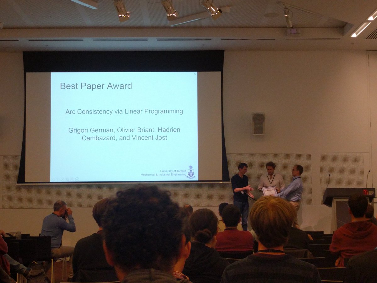 BehrouzBabaki's tweet photo. Best paper award:
"Arc consistency via Linear Programming" by Grigori German, Olivier Briant, Hadrien Cambazard and Vincent Jost #CP2017 https://t.co/qEK0HQhVNs