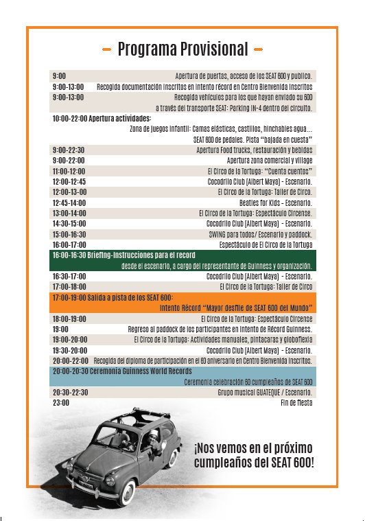 60AnivSEAT600's tweet photo. ⚠️⚠️Avanzamos el programa provisional del #60AniversarioSEAT600 en el @Circuitcat_es el 9 de septiembre #600SEAT600 #SEAT600 https://t.co/z6JMxOgvie