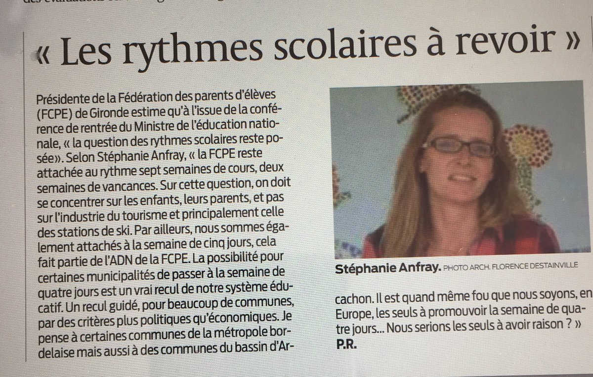 Stephanie Anfray (fcpe) ds @sudouest 'serons nous ples seuls en Europe à retourner à la semaine de 4 jours? #rythmesScolaires