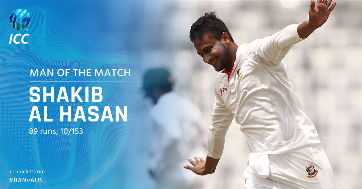 ICC's tweet photo. He took half of the Australia wickets and made a crucial contribution with the bat too - the Man of the Match is @Sah75official! #BANvAUS https://t.co/ANbkuc297X