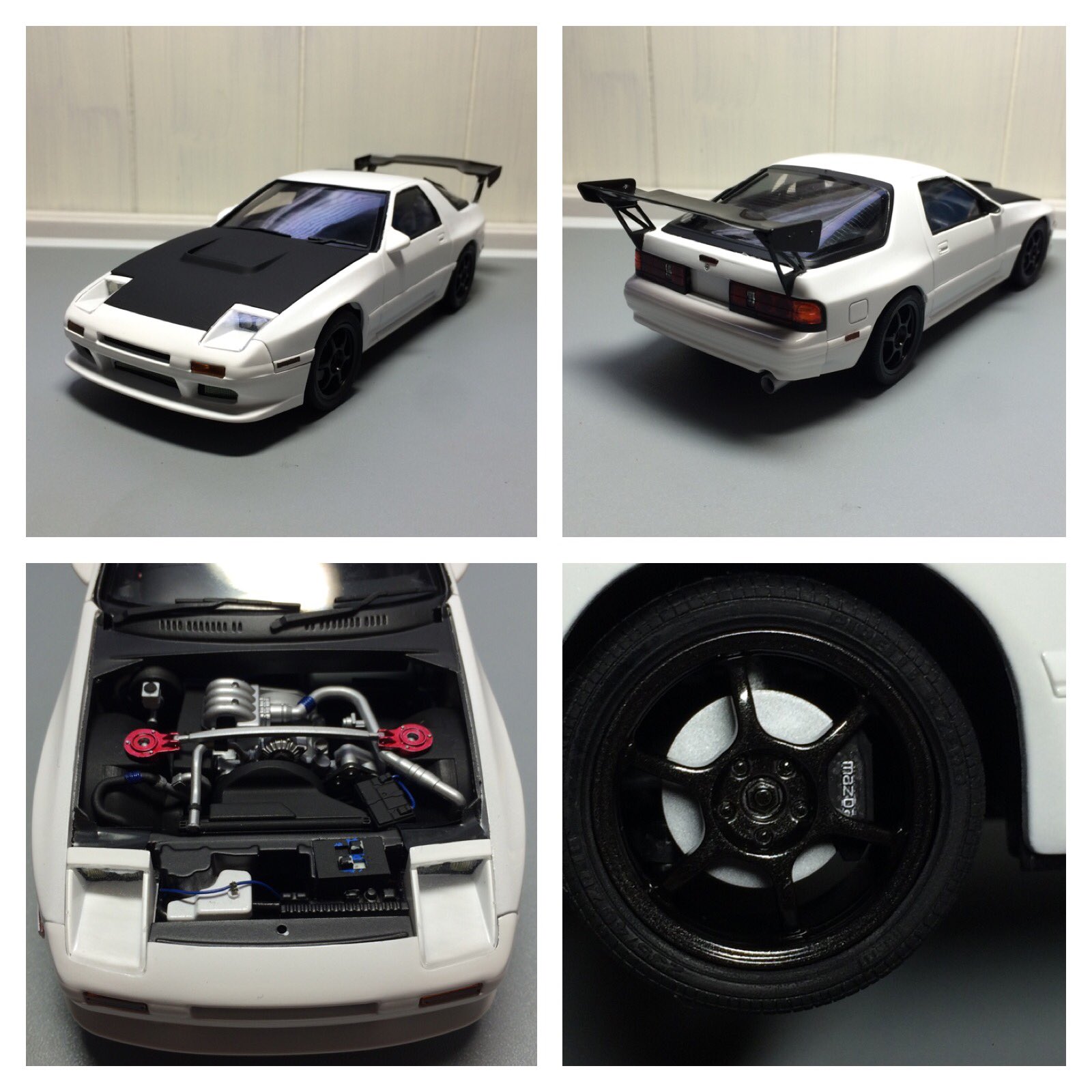 藤原冷 仮名 アオシマ 頭文字d No 7 Fc3s プラモデル 高橋涼介 箱根対決仕様 やっと完成しました このキットはアニメと違う箇所が多くて大変でした ライトはヘッドライト テールライト ブレーキランプ インパネとマフラーの排気口がスイッチで