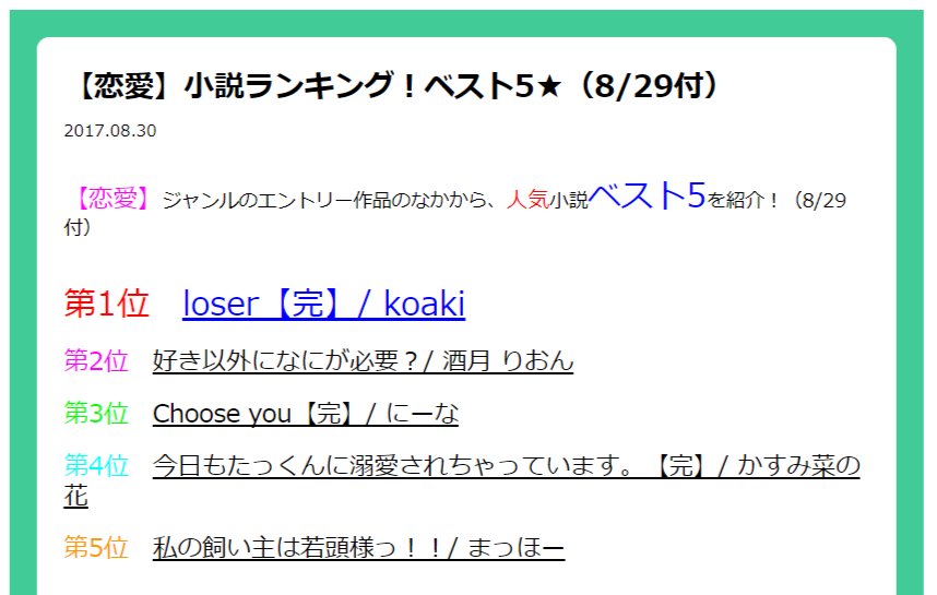 魔法のiらんど大賞 Koaki著 Loser 完 がダントツのno 1をゲット 恋愛 小説ランキング ベスト5 8 29付 を発表 いよいよ明日8 31締め切り いますぐ応募しよう 何作品でもok T Co Phsli8e7ge 魔法のiらんど 小説 T Co
