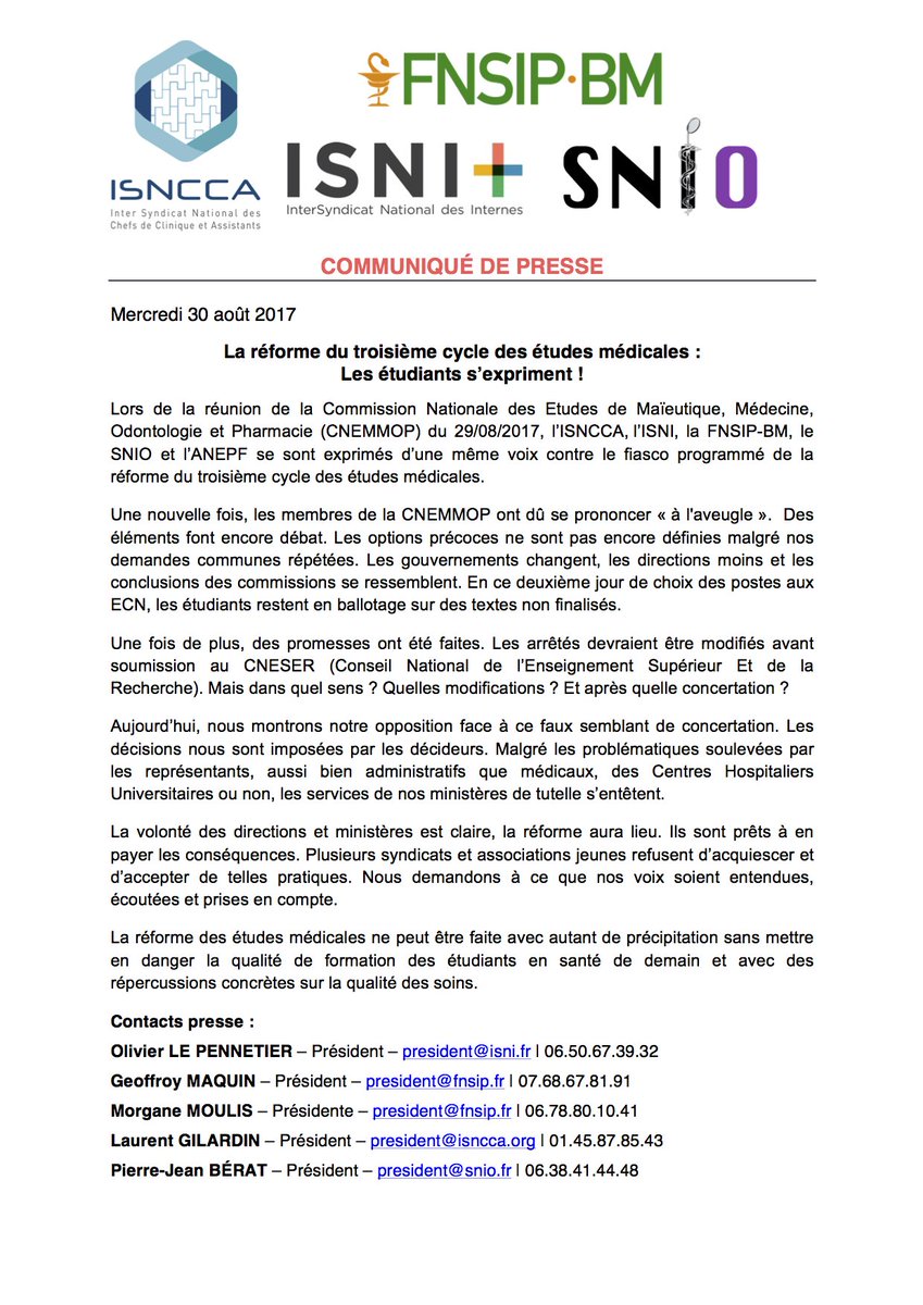 ISNItwit's tweet photo. CdP ISNI/FNSIP-BM/ISNCCA/SNIO : La réforme du troisième cycle des études médicales : Les étudiants s’expriment ! @SNIOtwit @ISNCCA @fnsip https://t.co/zKAL4OujFH