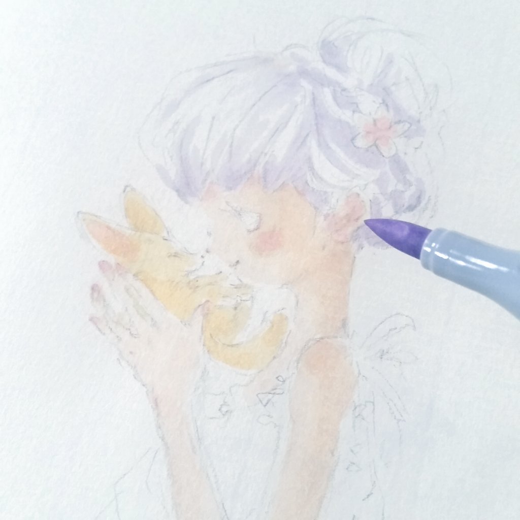 ちゃだるみcopicレッスン 女の子とフェネック 下絵は鉛筆 コピックのペン先が汚れるので鉛筆の線をほとんど消してから色塗り 色塗り後 また鉛筆でちょこちょこと描き足し コピック