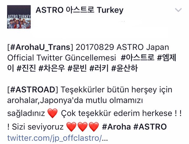 Turkey_ASTRO's tweet photo. [#ArohaU_Trans] 20170829 ASTRO Japan Official Twitter Güncellemesi  #아스트로 #엠제이 #진진 #차은우 #문빈 #러키 https://t.co/jaNpXRPeJz
