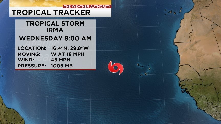 MattDevittWX's tweet photo. TROPICAL STORM IRMA: Has now formed in the Eastern Atlantic. Will continue to strengthen ahead. Needs to be watched. https://t.co/rnP73mgTqy