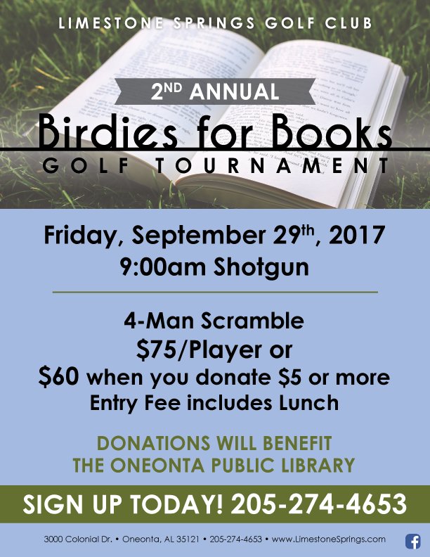 2nd Annual #Birdies4Books ... sign up today! 205-274-4653