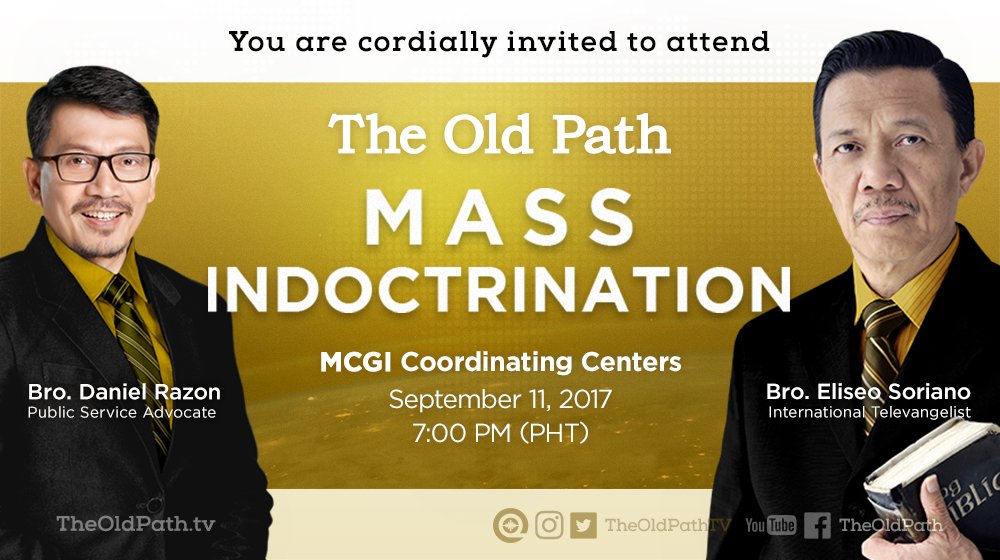 TheOldPathTV's tweet photo. Attend our Mass Indoctrination to learn the doctrines of our Lord Jesus Christ on Monday, Sept. 11, at 7 PM in all ADD Coordinating Centers. https://t.co/ZH5SAlrDiW