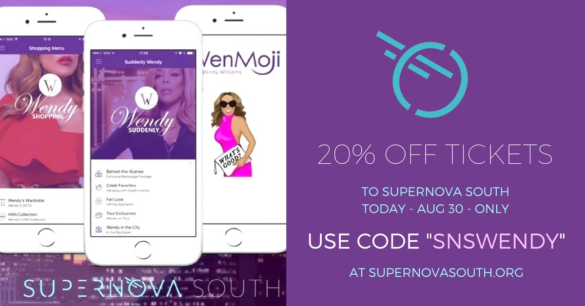 SuperNovaSouth's tweet photo. 20% Off @SuperNovaSouth Tickets TODAY (thanks to Wendy Williams)! 💥

Use code SNSWENDY to SAVE on our weeklong con: https://t.co/2cuuNTQn55 https://t.co/Lru17wkj26