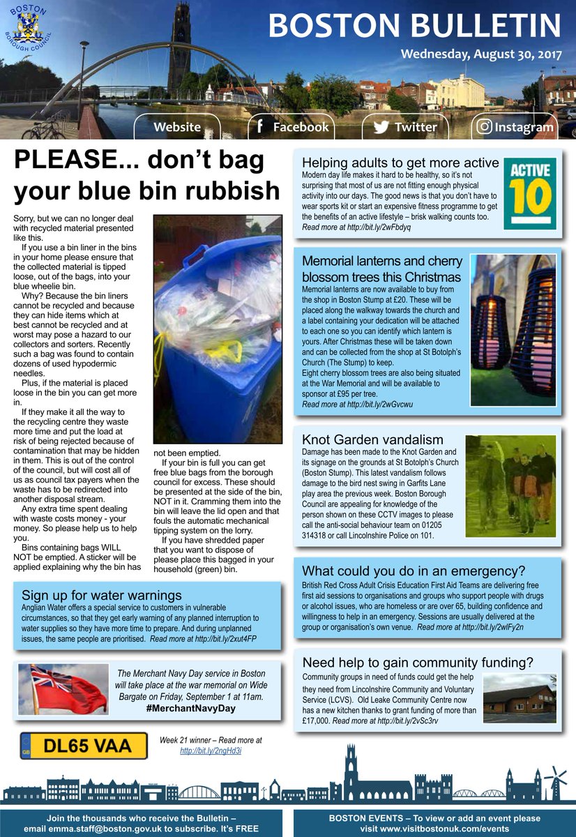 Bostonboro's tweet photo. Today’s #BostonBulletin is out now. Highlights incl. Blue bin rubbish & Knot Gdn vandalism. More & subscription at: https://t.co/2CYVc8wyuh https://t.co/F7GcayuorV