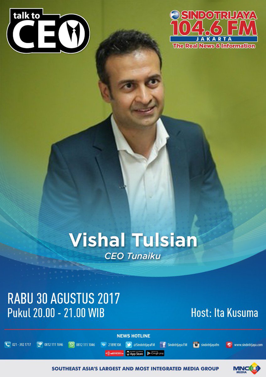 mnctrijaya's tweet photo. #TalkToCEO - @vishaltulsian (CEO @tunaikucom) : Bringing Smile For People.
Thank you for the attentions, Profesional Sindotrijaya... 🙏🙏🙏 https://t.co/WP5MdrwsNm