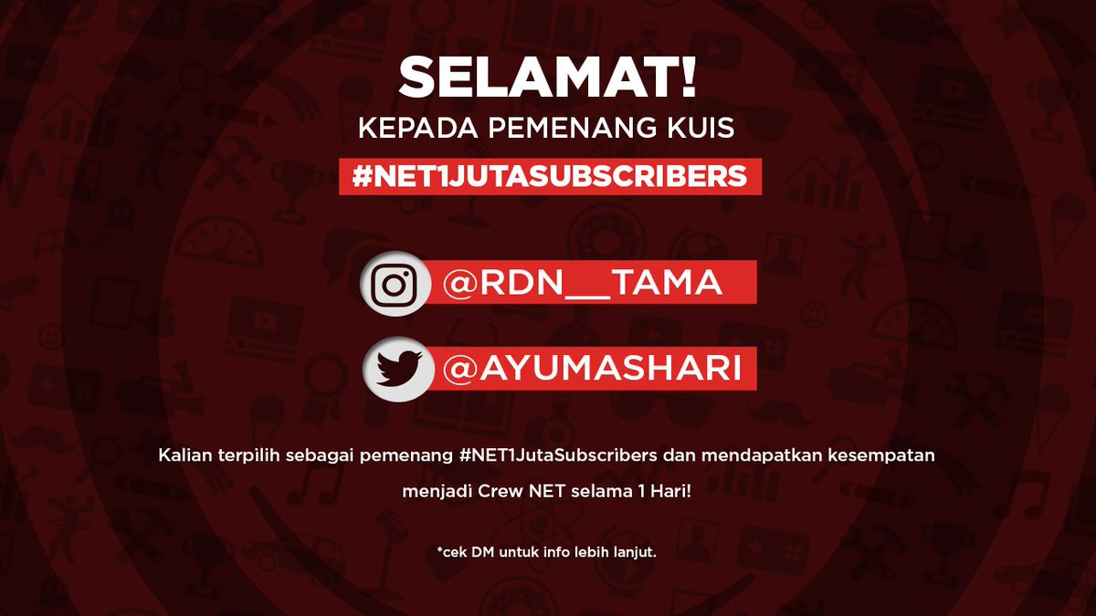 mdtvindonesia's tweet photo. SELAMAT!
Kepada 2 orang beruntung #NET1jutaSubscribers, kalian mendapat kesempatan menjadi Crew NET. 1 hari. Silakan cek DM. https://t.co/1vlNMNa0YG
