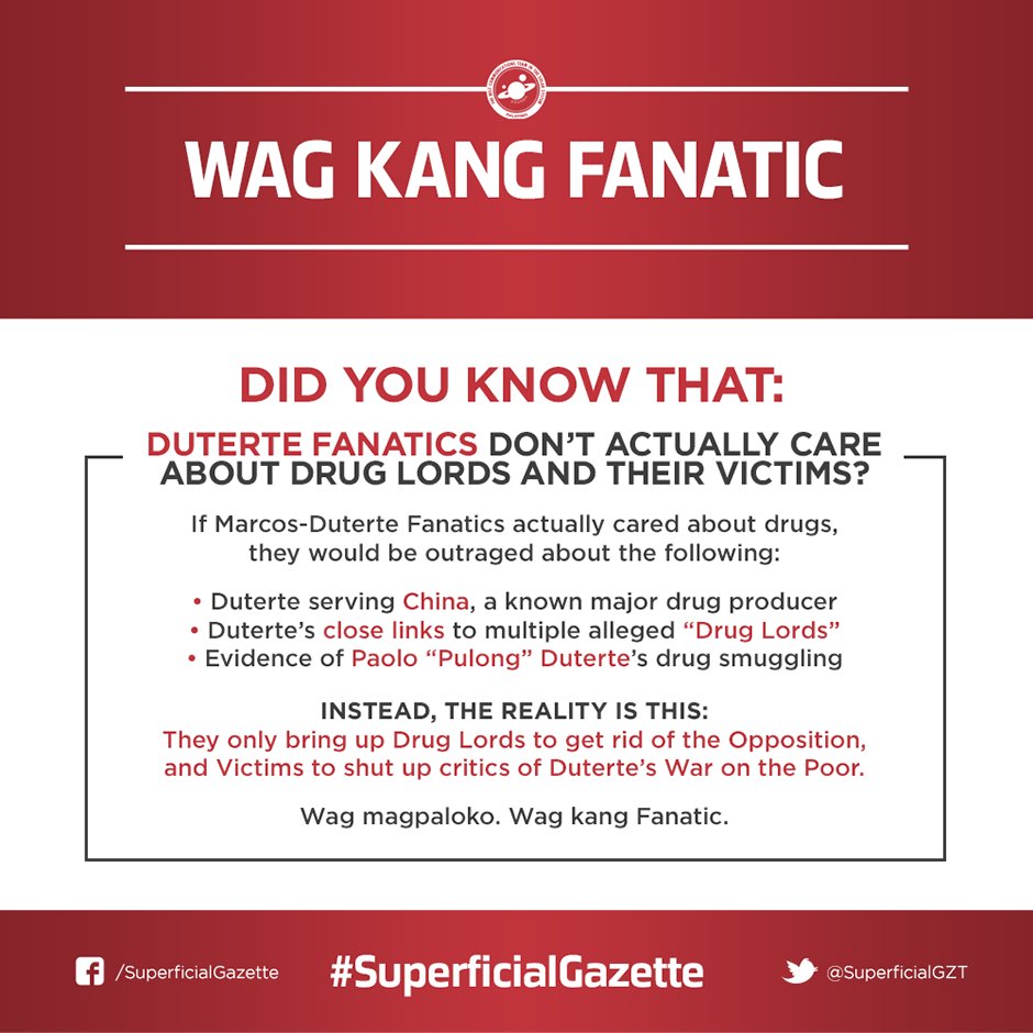 SuperficialGZT's tweet photo. "P-pero yung mga biktima ng adik-"

DID YOU KNOW THAT: Fanatics don't actually care about these victims? #SuperficialGazette #WagKangFanatic https://t.co/BZYpSy4JiN