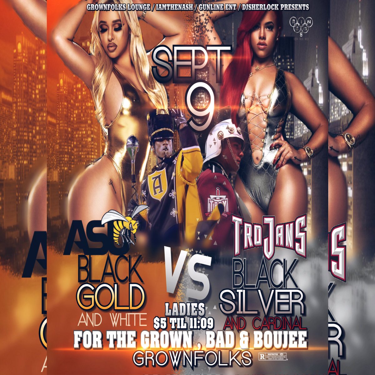 IAmTheNash's tweet photo. THE OFFICIAL #BlackNGold VS #BlackNSilver Affair!!! @ASU VS @TROYU CLASSIC! #SEPT9TH GROWNFOLKS LOUNGE BRUNDIDGE, AL! #DM FOR FREE VIP! https://t.co/SSmd2pApcW