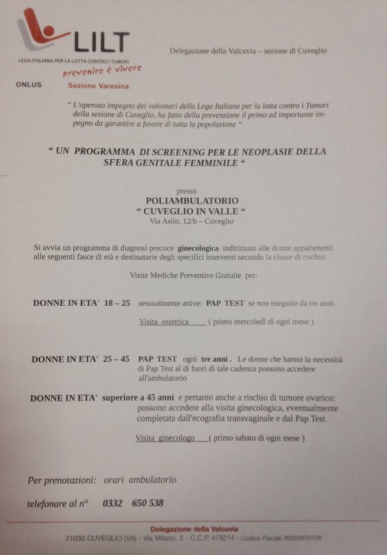comunediorino's tweet photo. Screening per le neoplasie della sfera genitale femminile presso il poliambulatorio "Cuveglio in valle" https://t.co/WfJjl2Sxjt