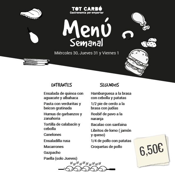 TotCarbo's tweet photo. Menú Semanal #Totcarbo,
Disfruta cada día de la buena cocina con nostros. 
#braseria #polloasado #menudeldia #comidaparallevar #takeaway https://t.co/4uSJyZpzyM