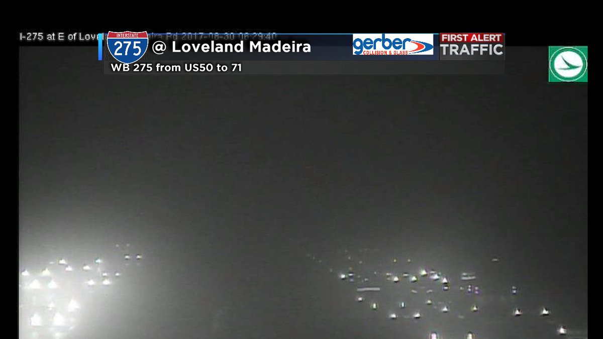 CincyTraffic19's tweet photo. Dense fog on 275 from Kellogg all the way to 71; this is at Loveland Madeira in the dip heavy fog; use low beams https://t.co/FiKBvOHqqw