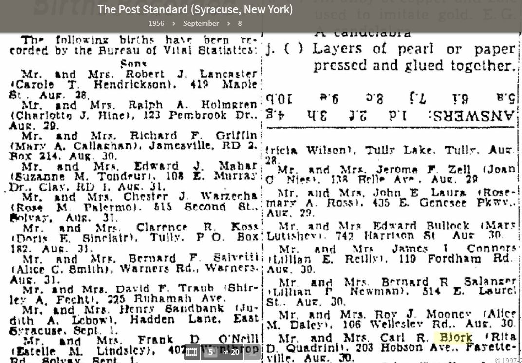 Found on <a href="/Ancestry/">Ancestry</a>.com this morning. Vital Statistics: Mr. and Mrs. Carl R. Bjork (Rita D. Quadrini, 203 Hobson Ave., Fayetteville, Aug. 30.