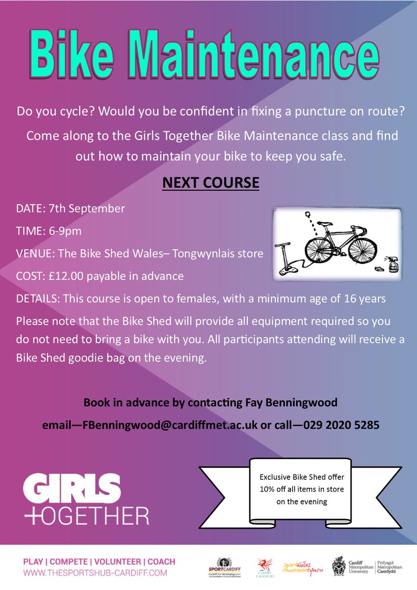 SheCyclesWales's tweet photo. Would you be confident fixing a puncture on route? Join @BikeShedTon + @cardiffmet for a #GirlsTogether maintenance night Thursday 7th https://t.co/v5A9ylkFpY