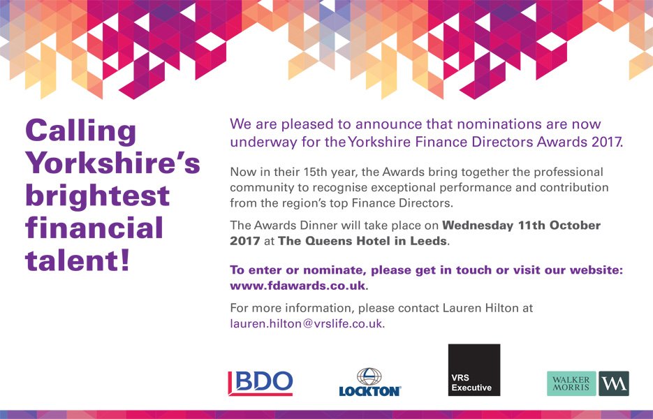 FDAwardsYorks's tweet photo. We are pleased to announce that nominations are now underway for the Yorkshire Finance Directors Awards 2017  #YFD17 https://t.co/wxuSCYTTH7