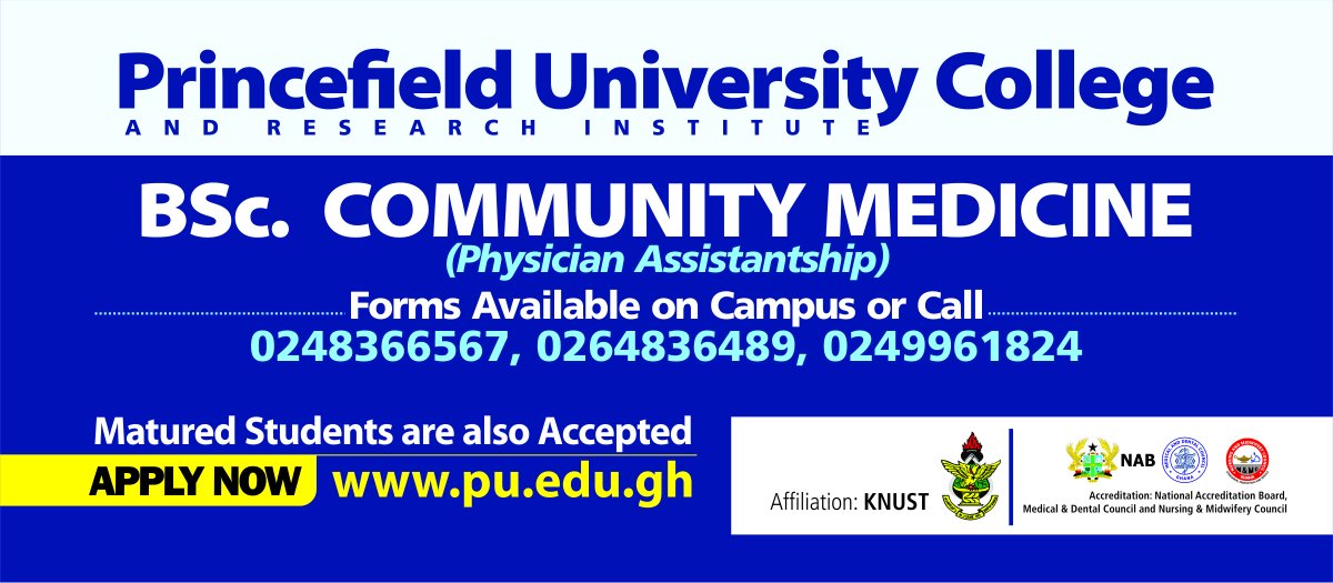PrincefieldUC's tweet photo. Admission STILL in Progress. SHS graduates who studied science are eligible to apply. Call +233 (0)249961824 now for further enquiries. https://t.co/Yv0hbWzH0Y