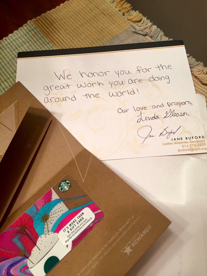 upcof_'s tweet photo. Thanks to Sis. Buford and the Ladies Division for the Starbucks gift cards given at School of Missions 2017. https://t.co/FmBTLMr4dO