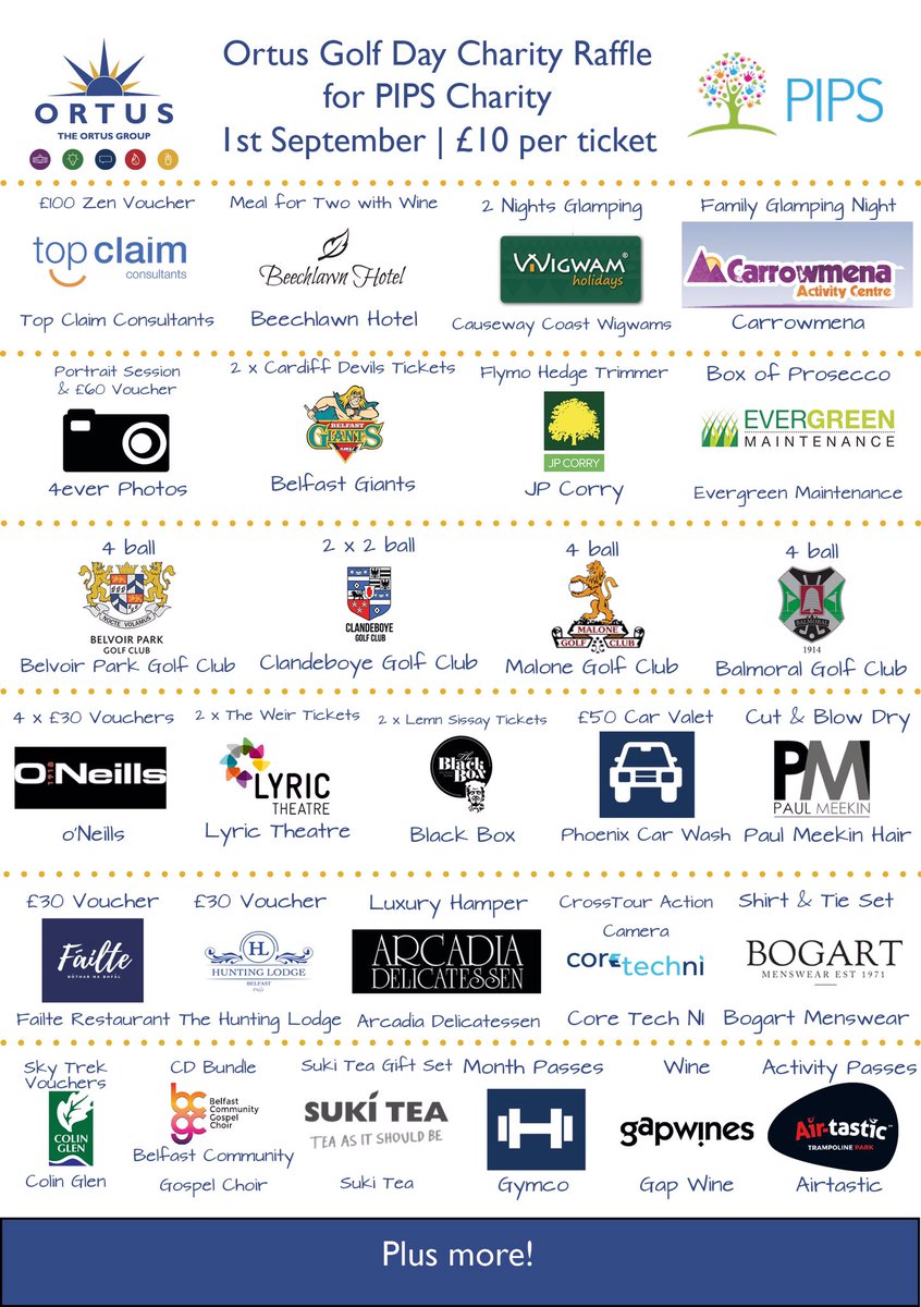 OrtusNI's tweet image. Massive thankyou to all those great companies who&apos;ve donated to our raffle for @PipsCharity Please show them some support back #ortusgolf17