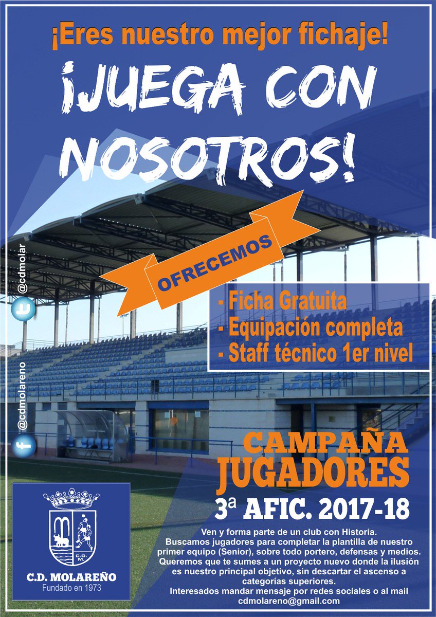 cdmolar's tweet photo. Buscamos portero defensas y medios para completar plantilla  ¡ven a jugar con nosotros y forma parte de este nuevo proyecto #fichagratis https://t.co/uSfXTyoq4Z