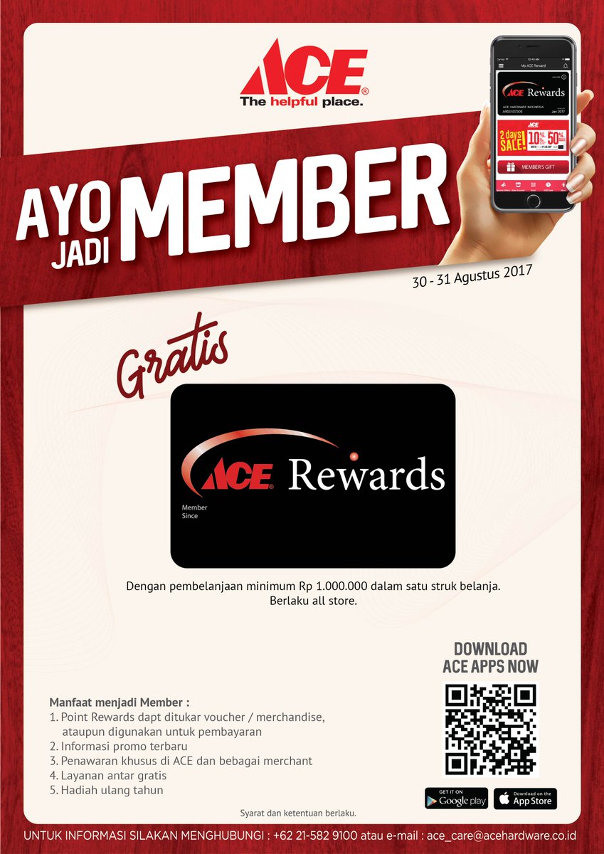ACEIndonesia's tweet photo. Daftarkan diri Anda menjadi Member ACE Hardware, gratis! Hanya berlaku 30-31 Agustus 2017.
Download juga #ACEMobileApp di ponsel Anda. https://t.co/alKehHqxEY