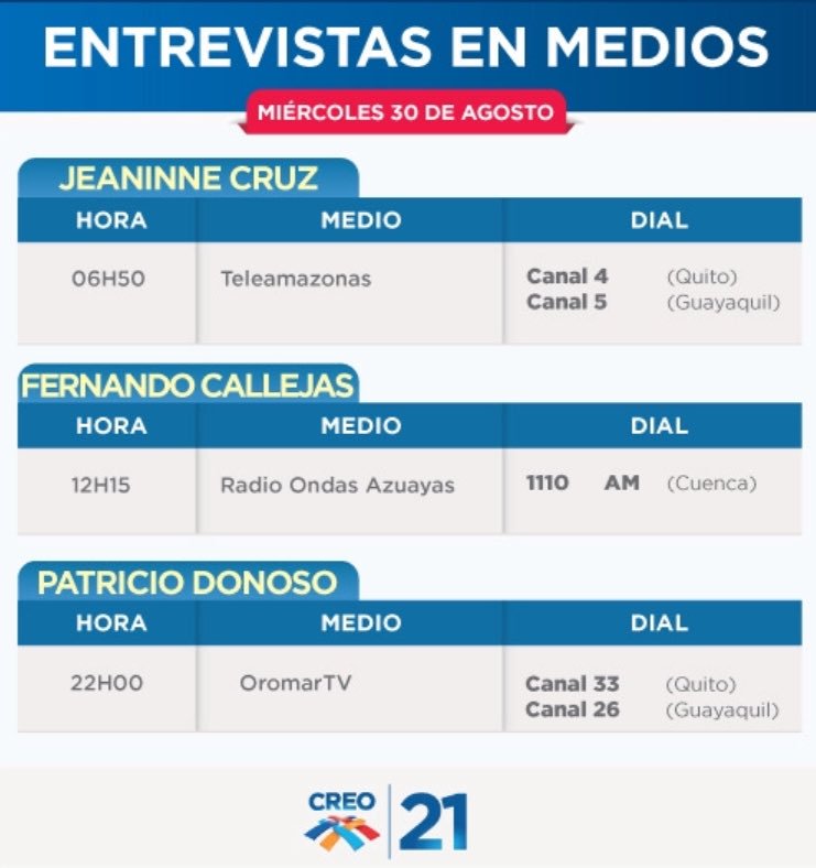 CREO_GUAYAS's tweet photo. Agenda de Medios de @CREOEcuador del miércoles 30 de Agosto de 2017. https://t.co/63wb09GWsi