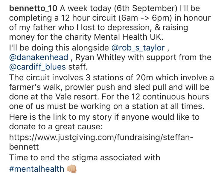 Steffan Bennett (@bennetto_10) on Twitter photo A week from today I'll be doing a fundraiser in aid of #mentalhealth . Any donations would be greatly appreciated: justgiving.com/fundraising/st… A week from today I'll be doing a fundraiser in aid of #mentalhealth . Any donations would be greatly appreciated: justgiving.com/fundraising/st…